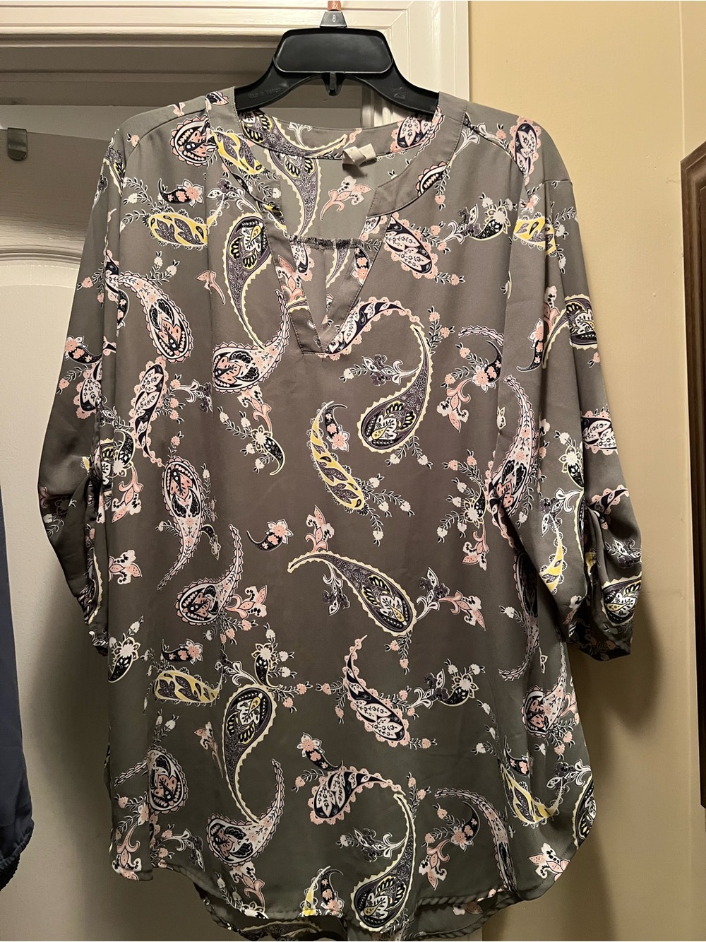 Grey Paisley Tunic Top with Pink & Yellow Accents